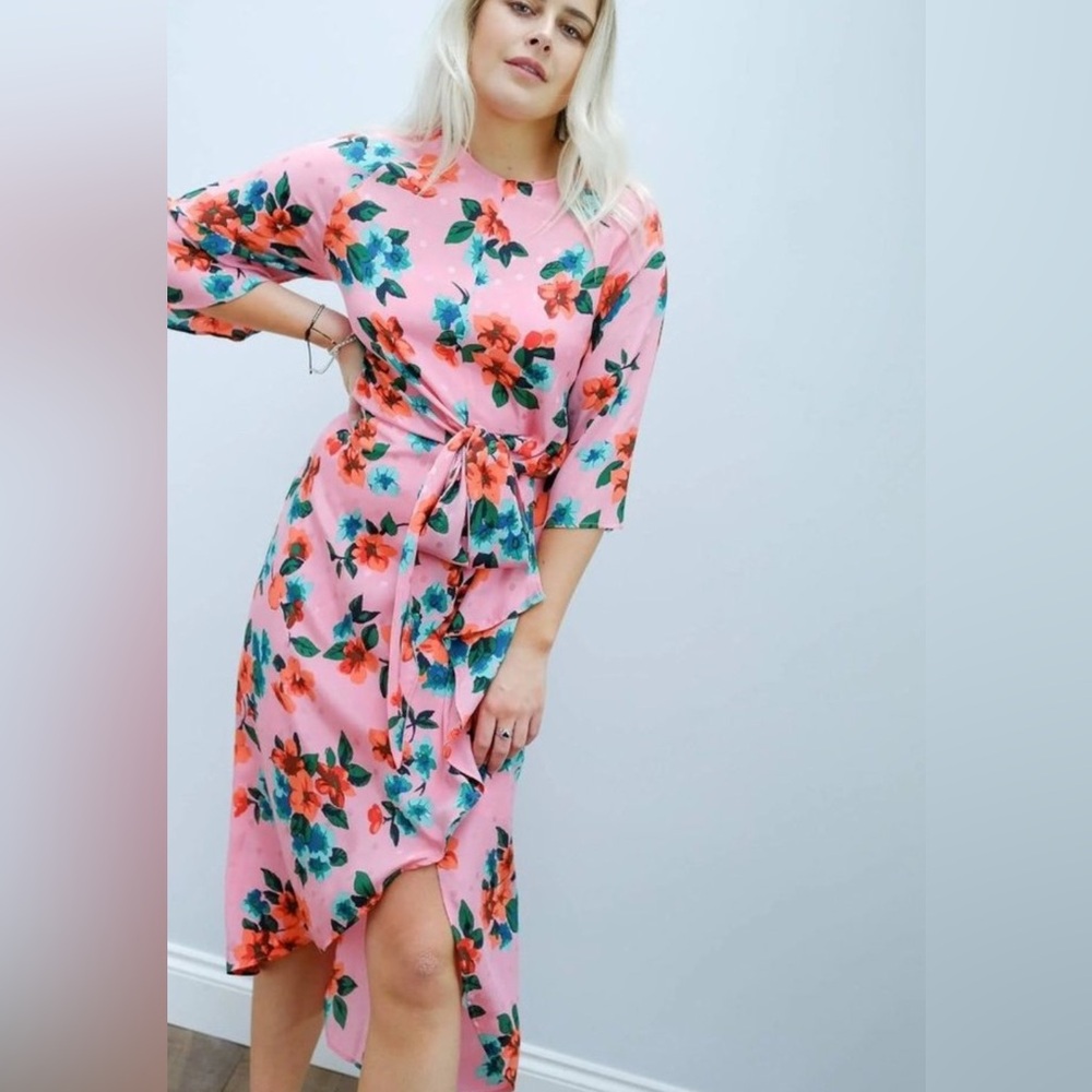 Essentiel Antwerp Vayen Silk Floral Wrap Midi Dress Pink Size 34 (US XS)‎